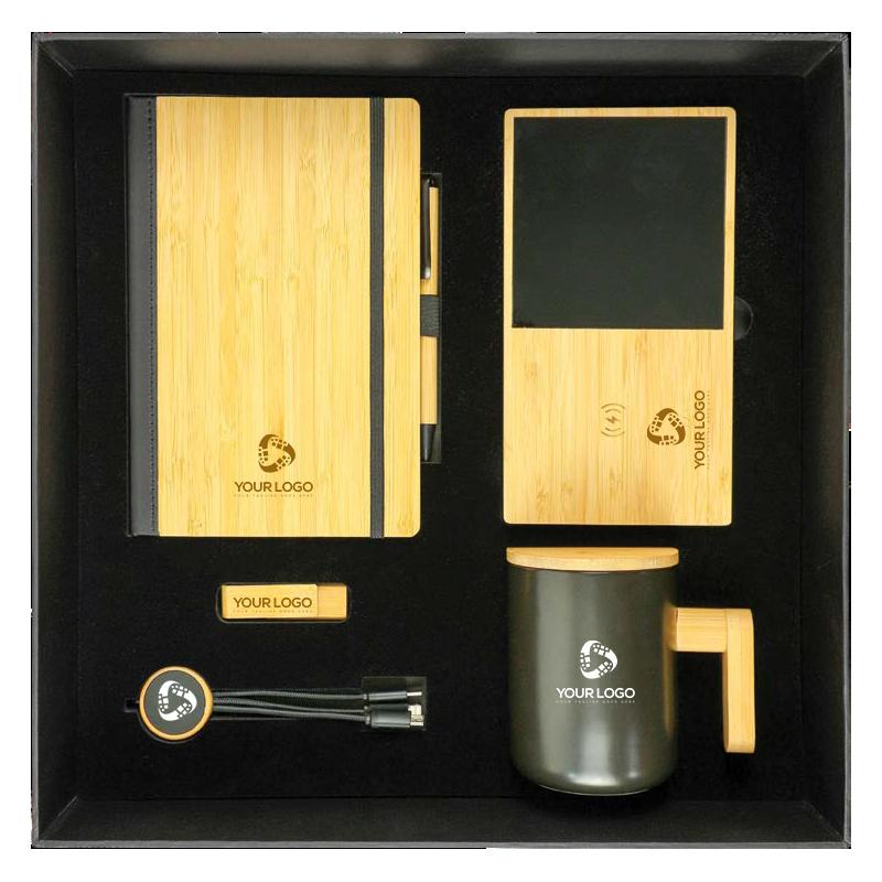 Black Cardboard Gift Box With Bamboo Notebook, Bamboo Pen, Ceramic Mug with Bamboo Lid & Handle